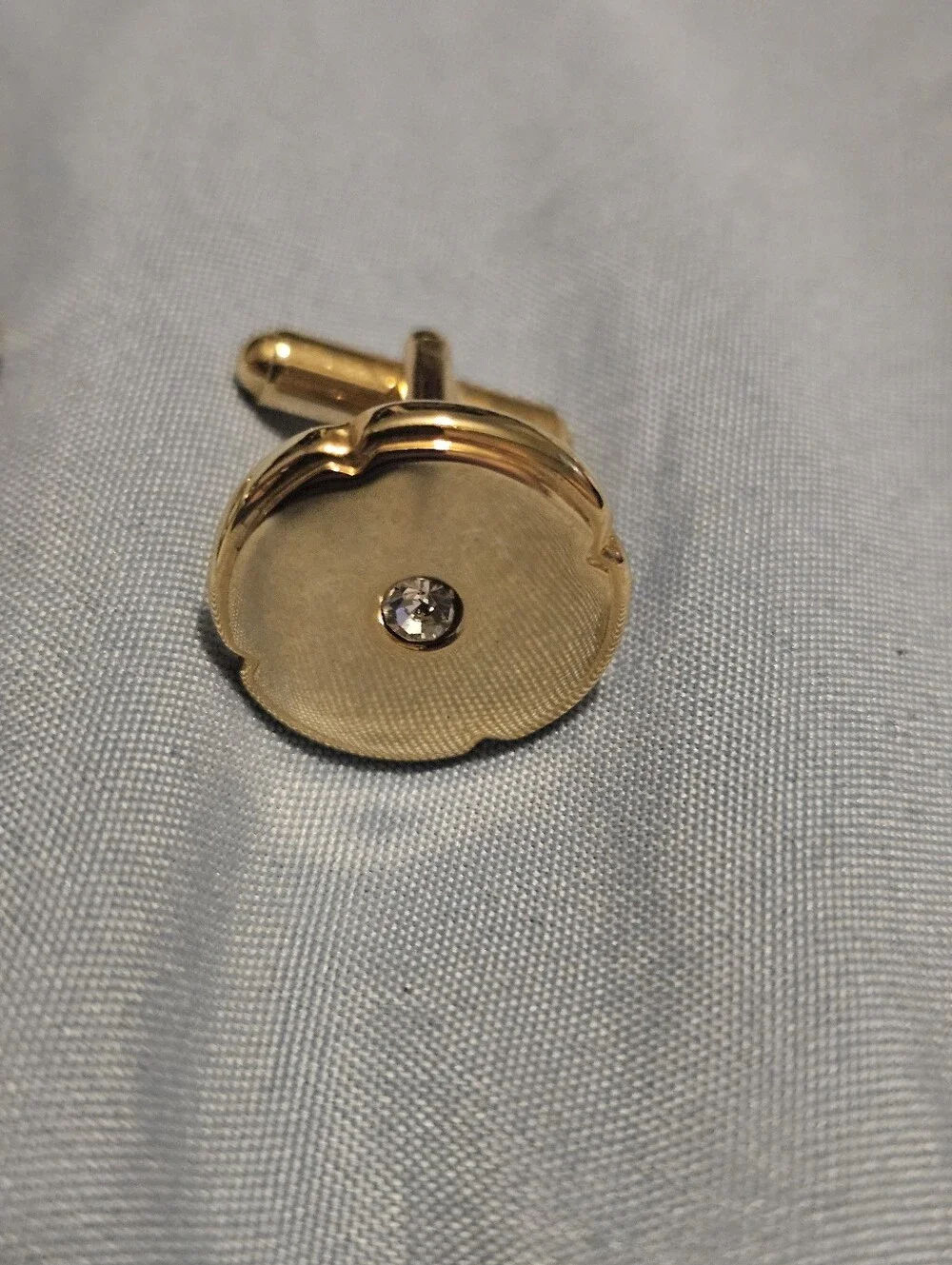 Vintage Mid Century Gold Tone Round Cufflinks Clear Rhinestone Bullet Back